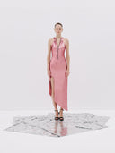 Pink Sequined Halter Dress with a Front Zipper