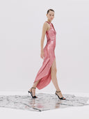 Pink Sequined Halter Dress with a Front Zipper