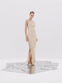 Beige Lace-Up Ruched Gown