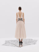 Beige Midi Dress with Black Corset Waist