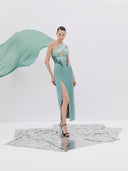 One Shoulder Gown with Corset Bodice and High Slit