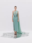 One Shoulder Gown with Corset Bodice and High Slit