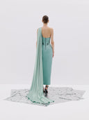 One Shoulder Gown with Corset Bodice and High Slit