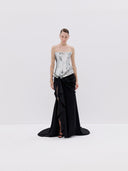 Strapless Silver Bodice Gown with Black Draped Skirt