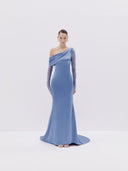 One Shoulder Gown with Lace Sleeve and Draped Neckline
