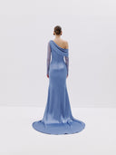 One Shoulder Gown with Lace Sleeve and Draped Neckline