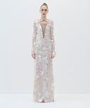 Sequined Sheer Gown with Lace-Up Detail